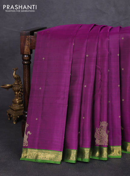 Pure kanchipuram silk saree purple and green with zari woven buttas and annam & elephant zari woven border