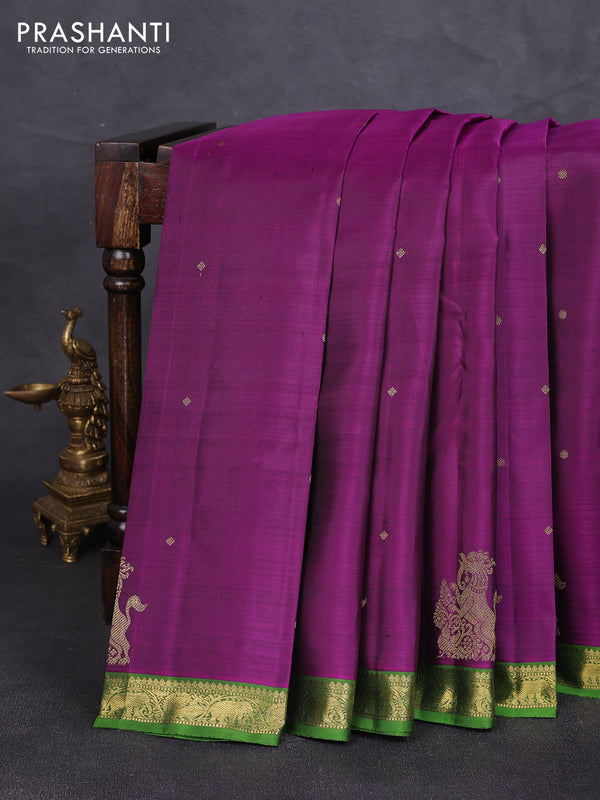 Pure kanchipuram silk saree purple and green with zari woven buttas and annam & elephant zari woven border