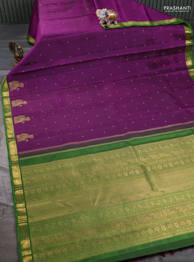 Pure kanchipuram silk saree purple and green with zari woven buttas and annam & elephant zari woven border