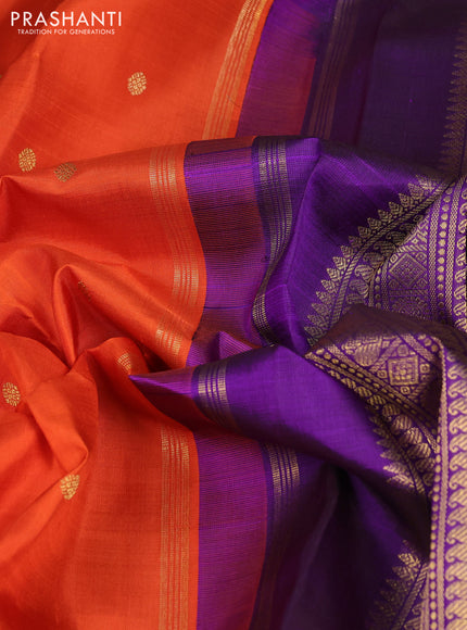 Pure kanchipuram silk saree orange and purple with zari woven buttas and zari woven korvai border