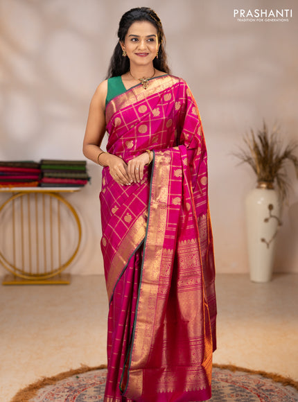 Pure kanchipuram silk saree magenta pink with allover zari checks & buttas and rich zari woven border