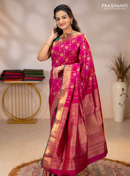 Pure kanchipuram silk saree magenta pink with allover zari checks & buttas and rich zari woven border