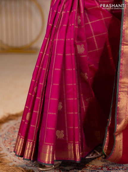 Pure kanchipuram silk saree magenta pink with allover zari checks & buttas and rich zari woven border