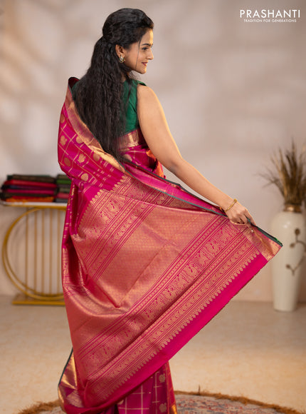 Pure kanchipuram silk saree magenta pink with allover zari checks & buttas and rich zari woven border
