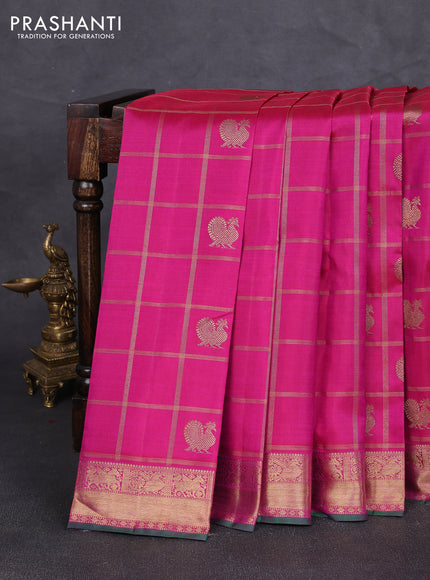 Pure kanchipuram silk saree magenta pink with allover zari checks & buttas and rich zari woven border