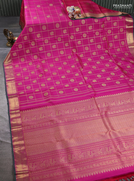 Pure kanchipuram silk saree magenta pink with allover zari checks & buttas and rich zari woven border