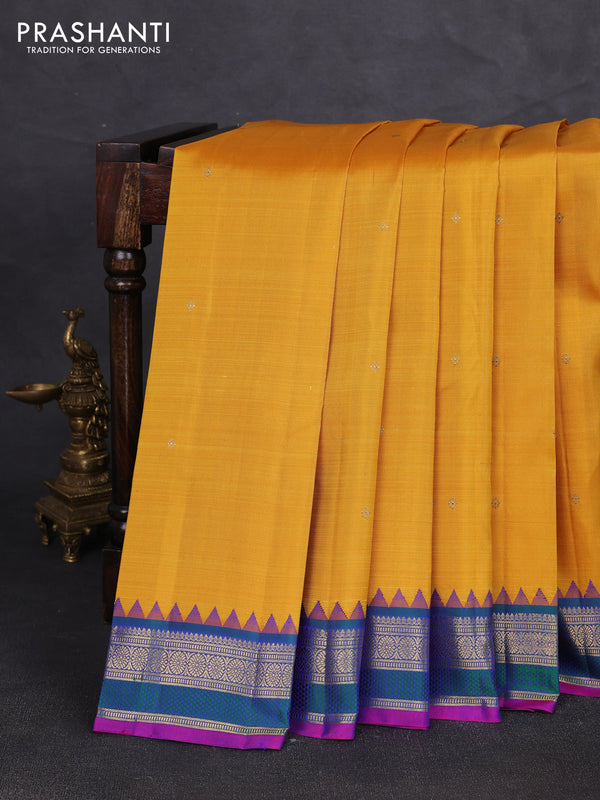 Pure kanchipuram silk saree mango yellow and dual shade of bluish green with zari woven buttas and temple design zari woven border