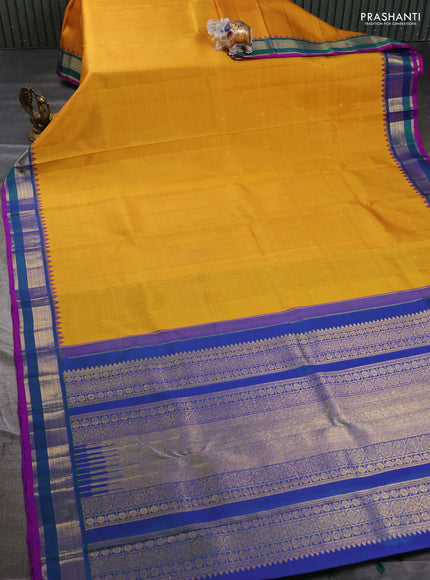 Pure kanchipuram silk saree mango yellow and dual shade of bluish green with zari woven buttas and temple design zari woven border
