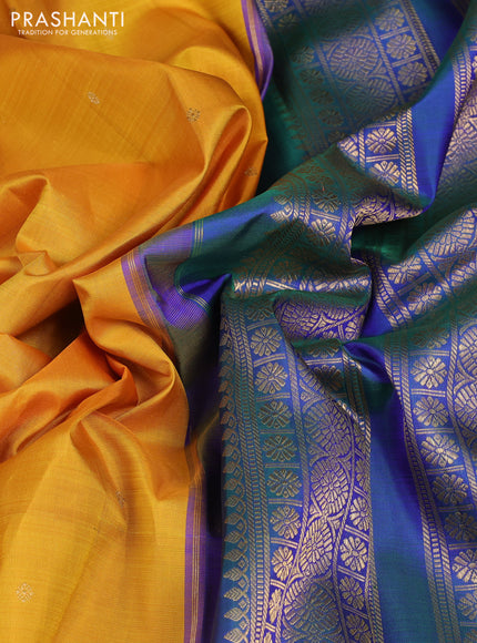 Pure kanchipuram silk saree mango yellow and dual shade of bluish green with zari woven buttas and temple design zari woven border