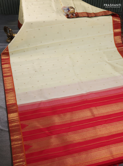 Pure kanchipuram silk saree cream and red with zari woven buttas and zari woven korvai border