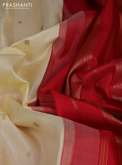 Pure kanchipuram silk saree cream and red with zari woven buttas and zari woven korvai border