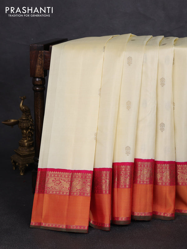 Pure kanchipuram silk saree cream and pink with zari woven buttas and rettapet zari woven korvai border
