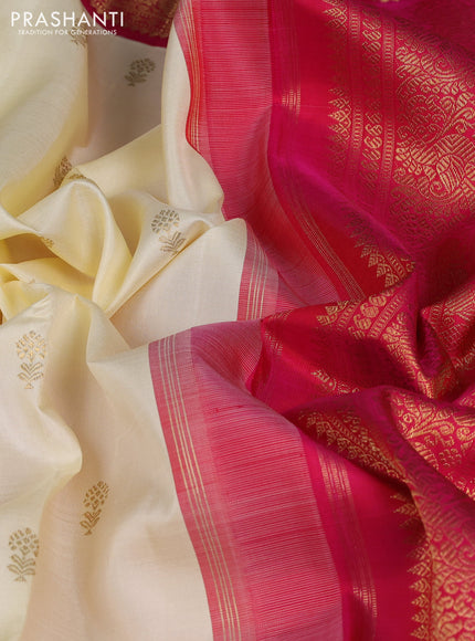 Pure kanchipuram silk saree cream and pink with zari woven buttas and rettapet zari woven korvai border