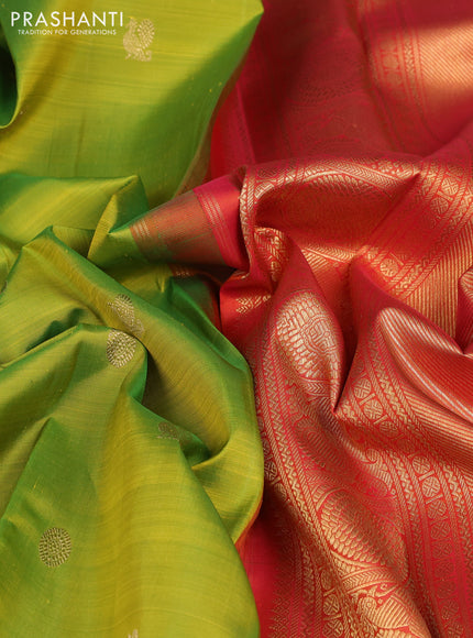 Pure kanchipuram silk saree light green and orange with annam & rudhraksha zari woven buttas and long zari woven korvai border