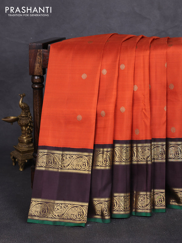 Pure kanchipuram silk saree orange and coffee brown with allover stripe pattern & zari buttas and long rettapet zari woven border