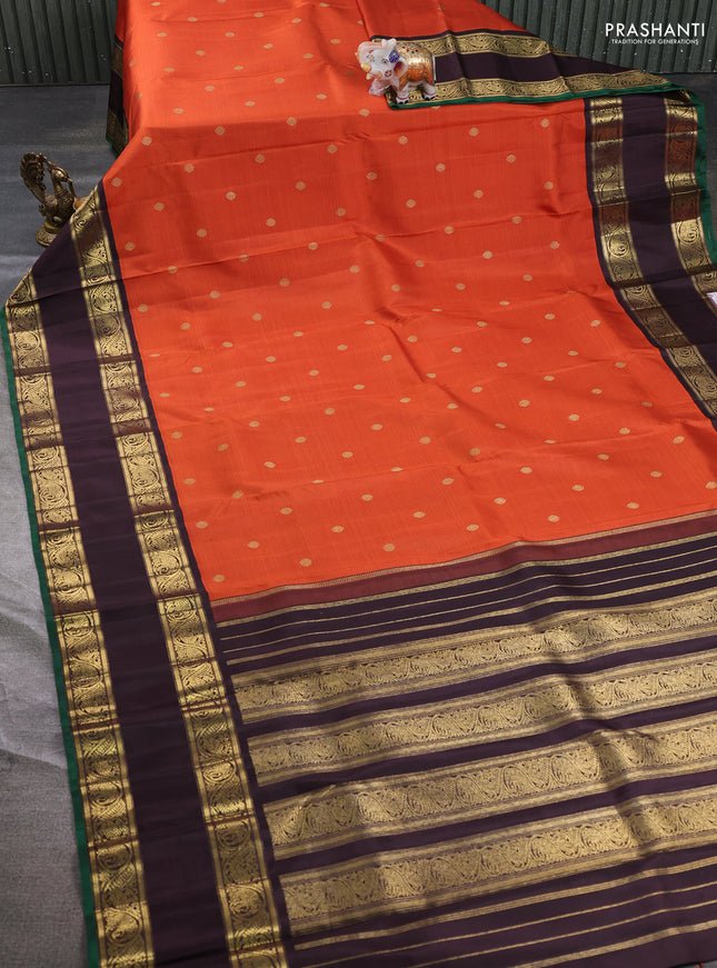 Pure kanchipuram silk saree orange and coffee brown with allover stripe pattern & zari buttas and long rettapet zari woven border