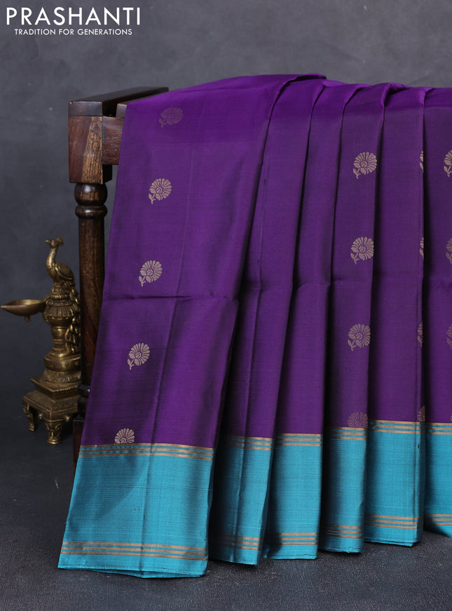 Pure soft silk saree violet and teal blue with zari woven buttas and rettapet zari woven border
