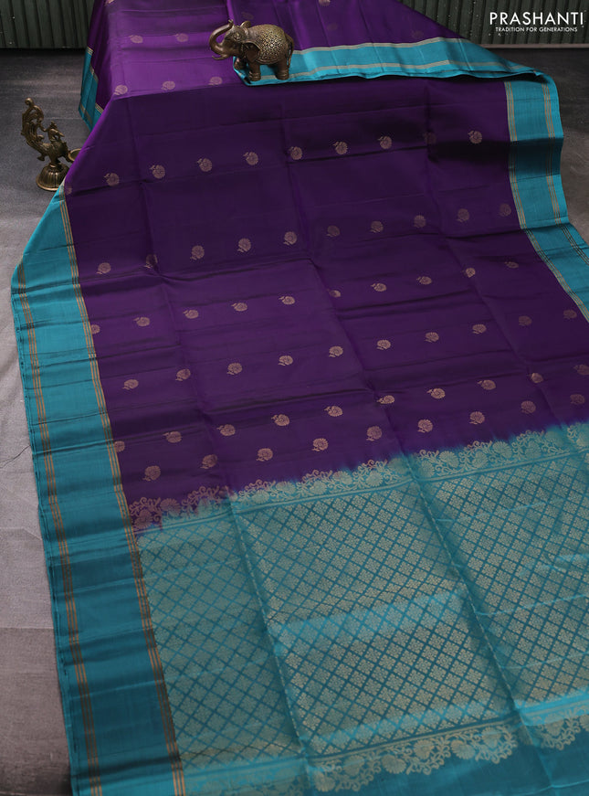 Pure soft silk saree violet and teal blue with zari woven buttas and rettapet zari woven border