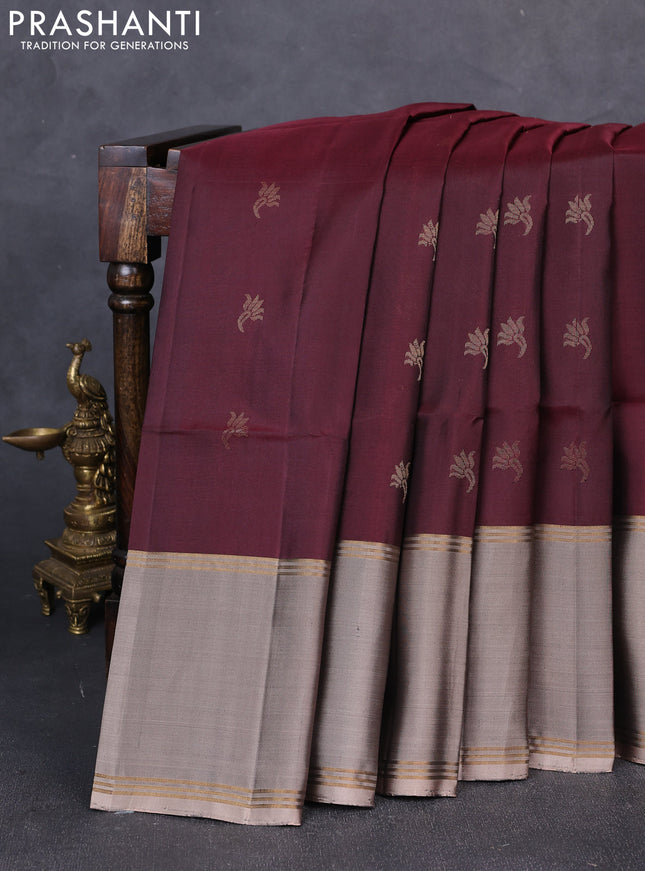 Pure soft silk saree deep maroon and chikku shade with zari woven buttas and rettapet zari woven border
