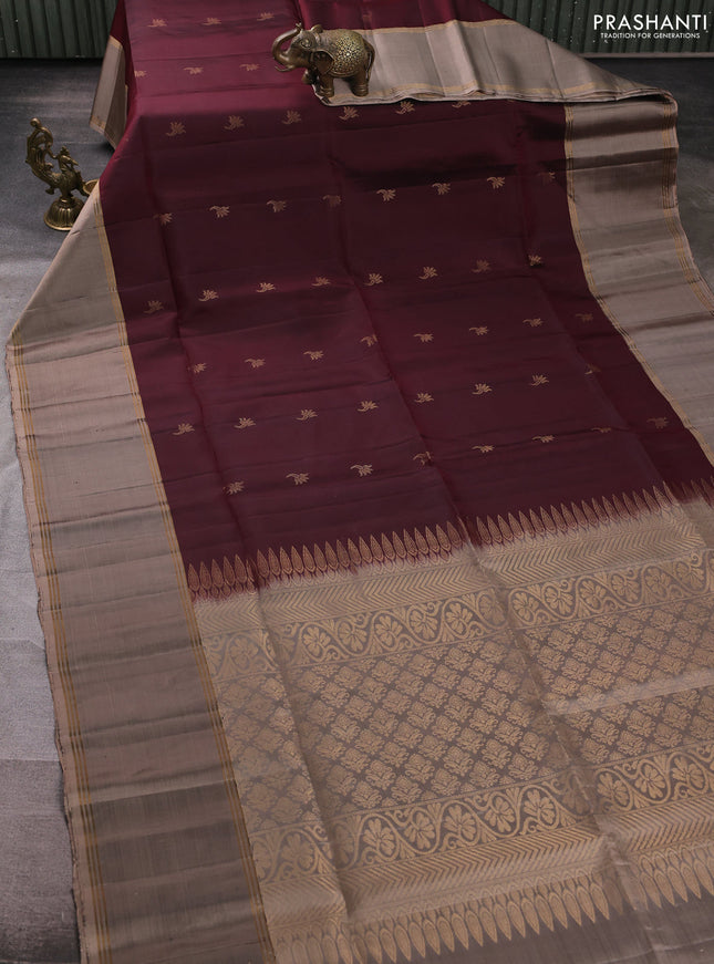 Pure soft silk saree deep maroon and chikku shade with zari woven buttas and rettapet zari woven border