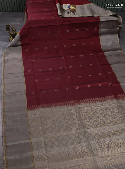 Pure soft silk saree deep maroon and rosy brown with zari woven buttas and rettapet zari woven border