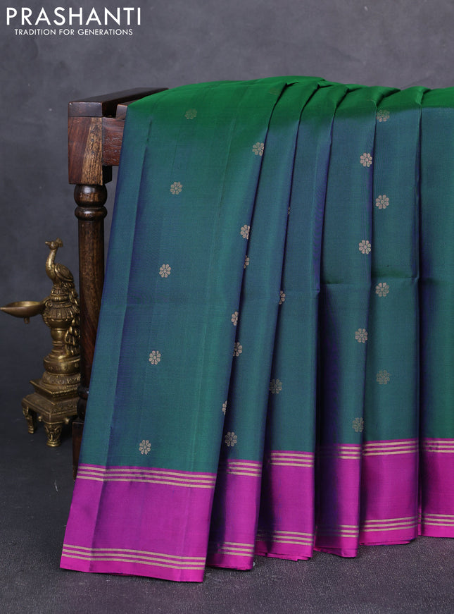 Pure soft silk saree bottle green and magenta pink with zari woven buttas and rettapet zari woven border