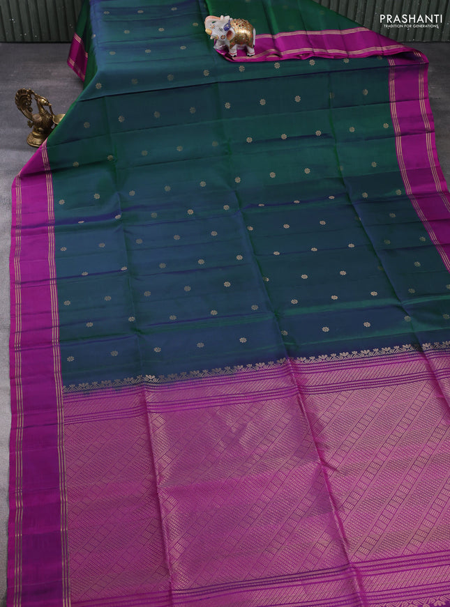 Pure soft silk saree bottle green and magenta pink with zari woven buttas and rettapet zari woven border