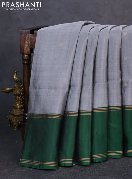 Pure soft silk saree grey and bottle green with zari woven buttas and rettapet zari woven border