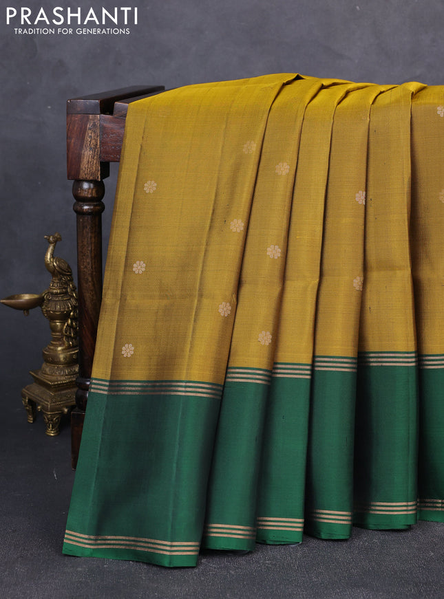 Pure soft silk saree mustard green and green with zari woven buttas and rettapet zari woven border