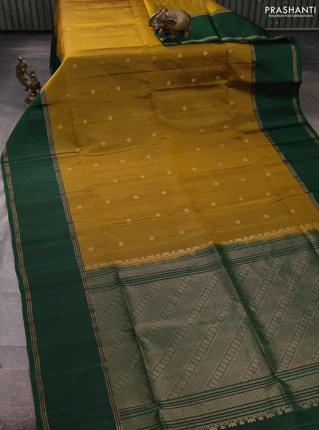 Pure soft silk saree mustard green and green with zari woven buttas and rettapet zari woven border