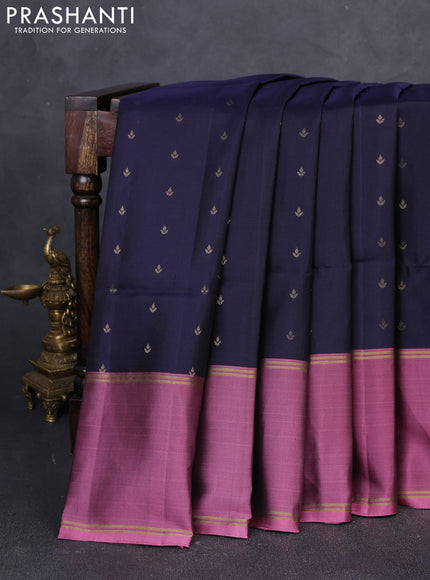 Pure soft silk saree navy blue and mauve pink with allover zari woven buttas and rettapet zari woven border