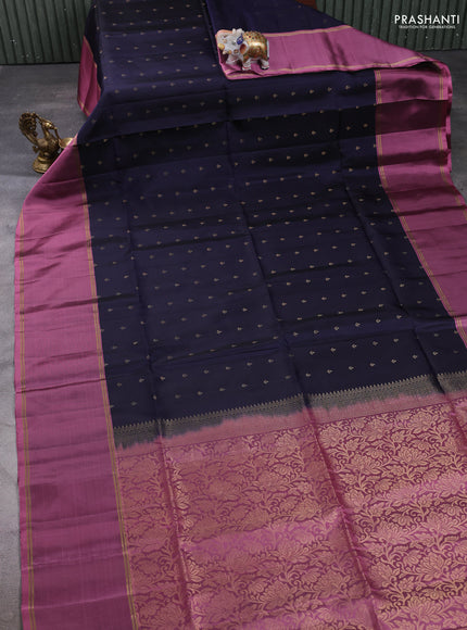 Pure soft silk saree navy blue and mauve pink with allover zari woven buttas and rettapet zari woven border