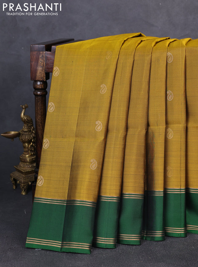 Pure soft silk saree mustard green and green with allover zari woven buttas and rettapet zari woven border