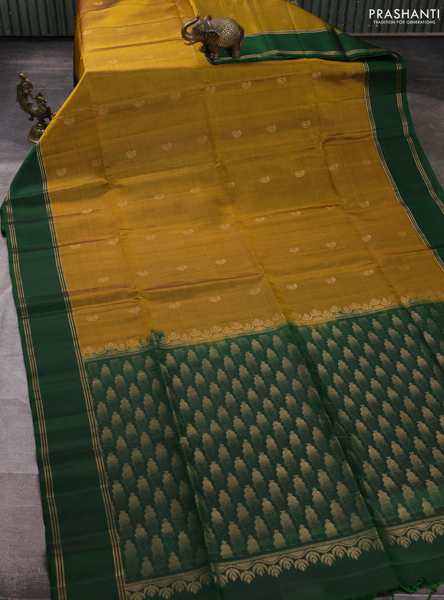 Pure soft silk saree mustard green and green with allover zari woven buttas and rettapet zari woven border