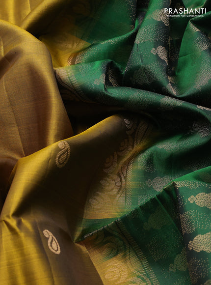 Pure soft silk saree mustard green and green with allover zari woven buttas and rettapet zari woven border