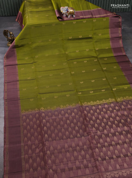 Pure soft silk saree mehendi green and rosy brown with allover zari woven buttas and rettapet zari woven border