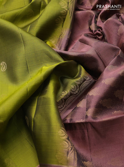 Pure soft silk saree mehendi green and rosy brown with allover zari woven buttas and rettapet zari woven border