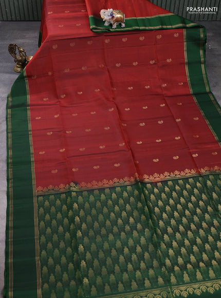 Pure soft silk saree rustic orange and green with allover zari woven buttas and rettapet zari woven border