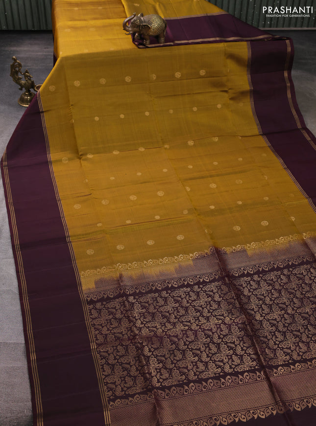 Pure soft silk saree dark mustard and deep wine with zari woven buttas and rettapet zari woven border