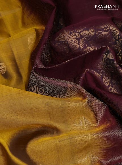 Pure soft silk saree dark mustard and deep wine with zari woven buttas and rettapet zari woven border