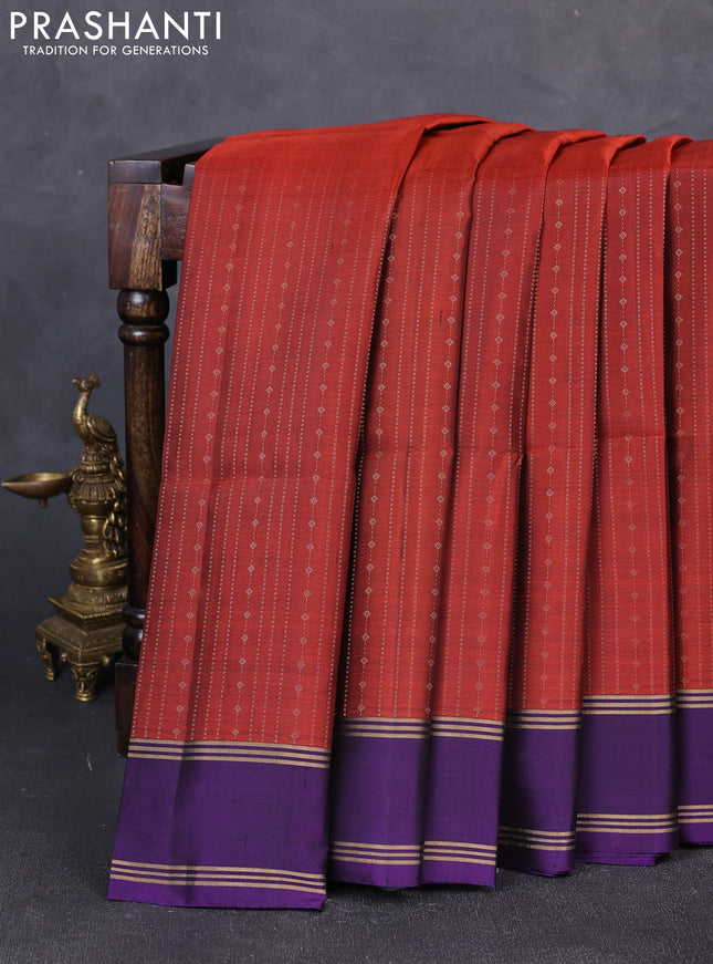 Pure soft silk saree rustic orange and violet with allover zari weaves  and rettapet zari woven border