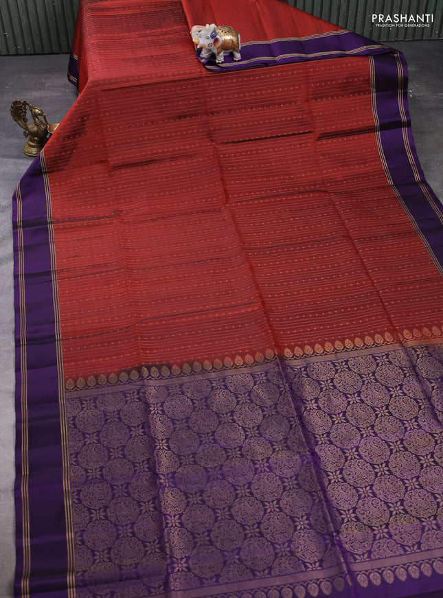 Pure soft silk saree rustic orange and violet with allover zari weaves  and rettapet zari woven border