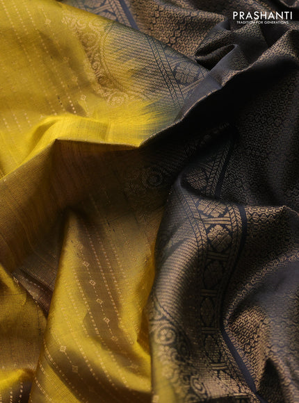 Pure soft silk saree mustard green and black with allover zari weaves  and rettapet zari woven border
