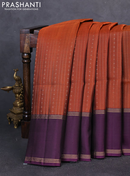 Pure soft silk saree rustic orange and deep purple with allover zari weaves  and rettapet zari woven border