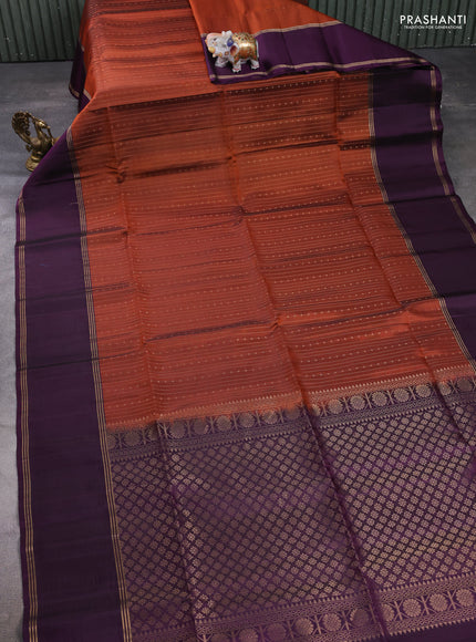 Pure soft silk saree rustic orange and deep purple with allover zari weaves  and rettapet zari woven border