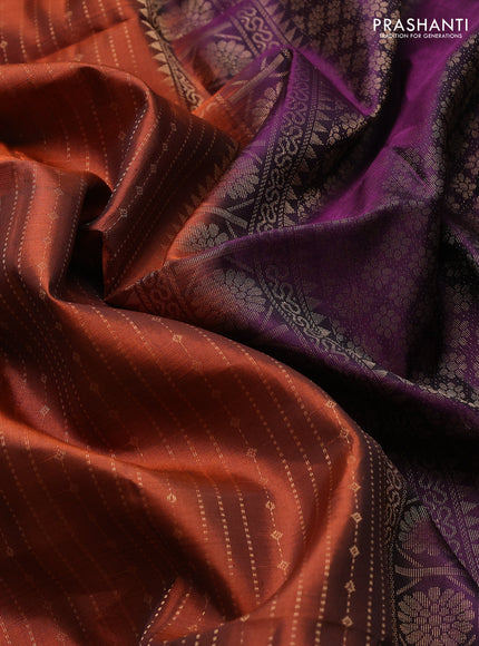 Pure soft silk saree rustic orange and deep purple with allover zari weaves  and rettapet zari woven border