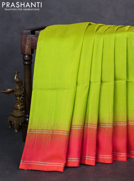 Pure soft silk saree lime green and dual shade of pinkish orange with zari woven buttas and rettapet zari woven border