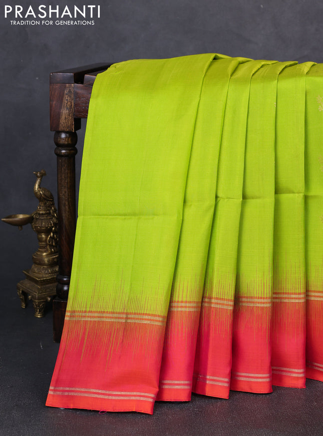 Pure soft silk saree lime green and dual shade of pinkish orange with zari woven buttas and rettapet zari woven border