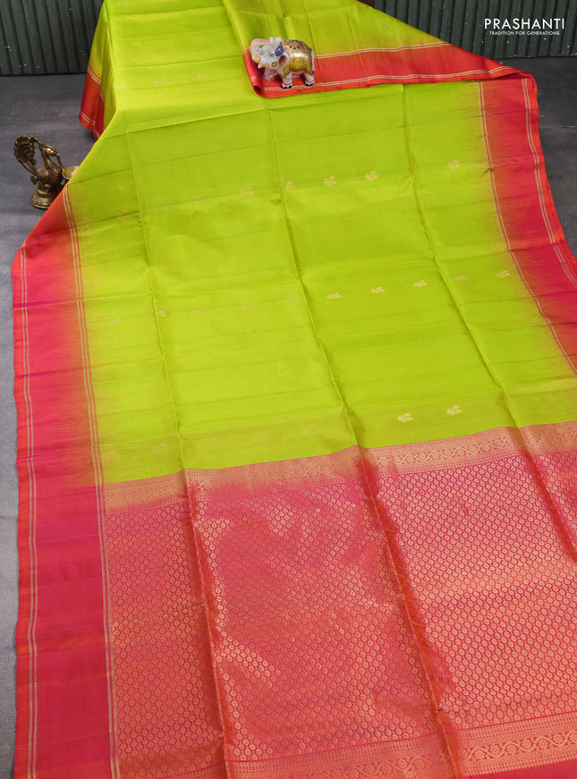 Pure soft silk saree lime green and dual shade of pinkish orange with zari woven buttas and rettapet zari woven border