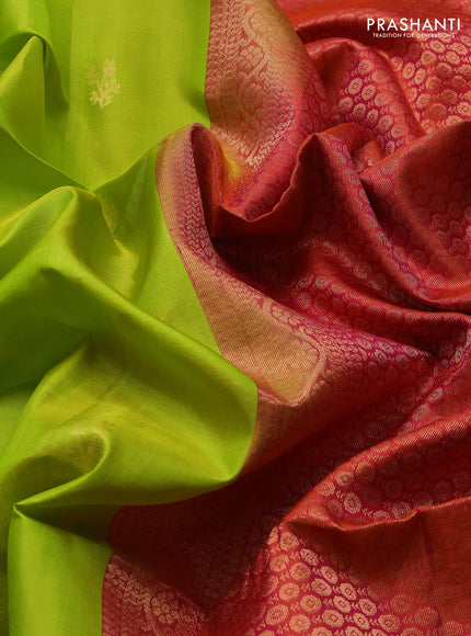 Pure soft silk saree lime green and dual shade of pinkish orange with zari woven buttas and rettapet zari woven border